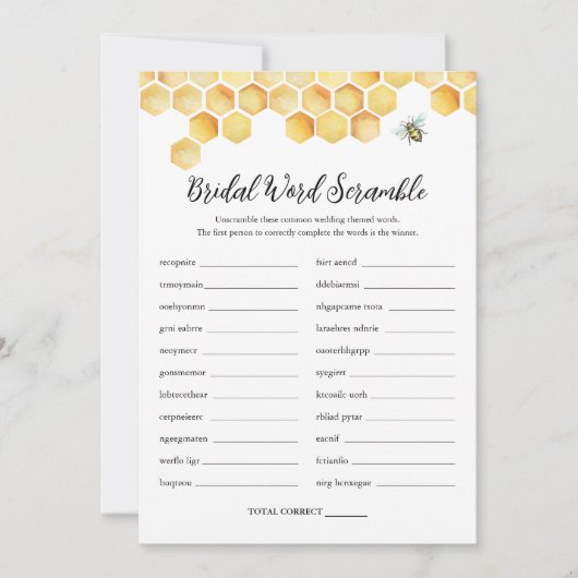 CALLA Bee Word Scramble Vrijgezellenfeest Game Kaa Kaart (Voorkant)