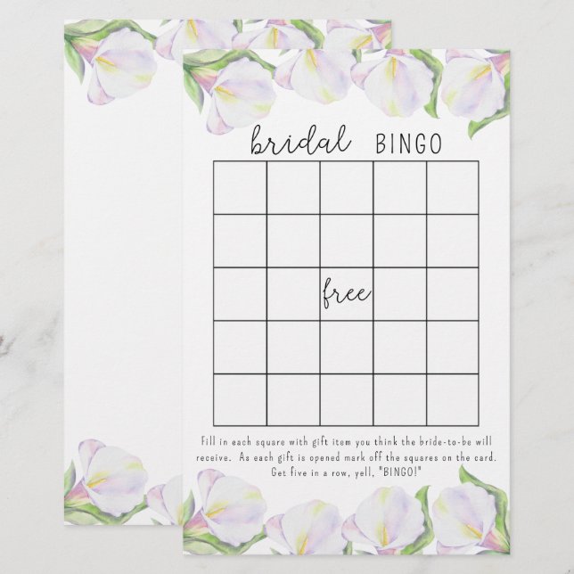 Calla bloemen - bruidsfeest bingo spel (Voorkant / Achterkant)