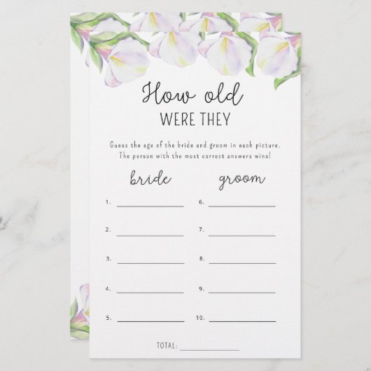 Calla bloemen - Hoe oud waren ze bruids spel (Voorkant / Achterkant)