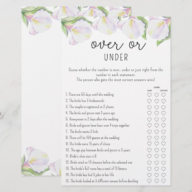 Calla bloemen - Over of onder bruidsdouche spel (Voorkant / Achterkant)