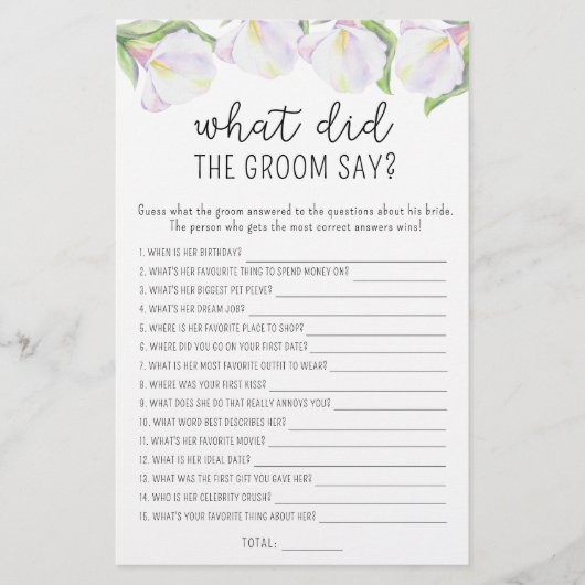 Calla bloemen - Wat zei de bruidegom bruidsspel (Voorkant)