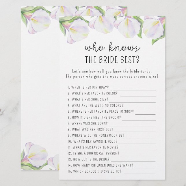 Calla bloemen - Wie kent de bruid het beste spel (Voorkant / Achterkant)
