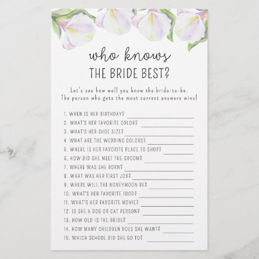 Calla bloemen - Wie weet de bruid beste spel (Voorkant)