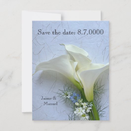 Calla heeft betrekking op nigella en stambloemen save the date (Voorkant)