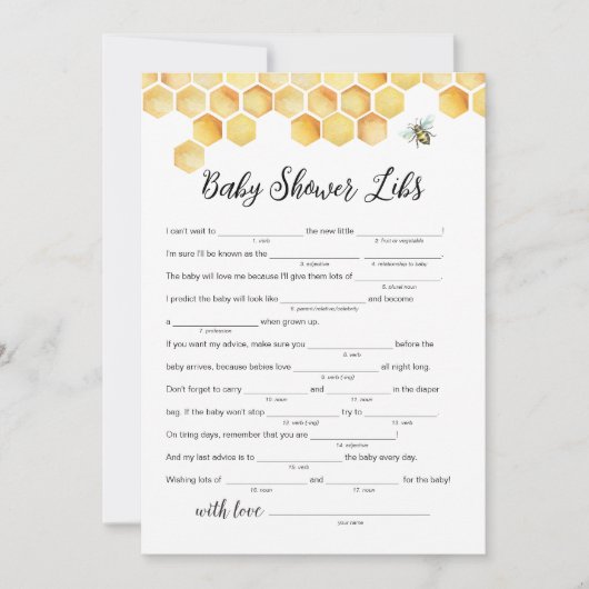 CALLA Honey Bee Baby shower Libs Game Kaart (Voorkant)