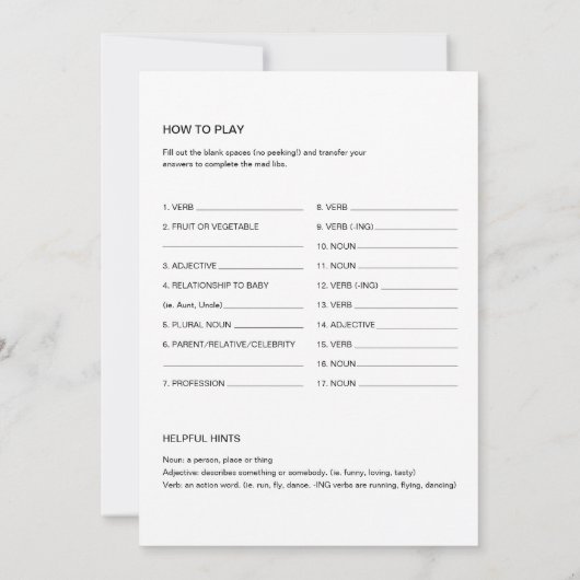 CALLA Honey Bee Baby shower Libs Game Kaart (Achterkant)