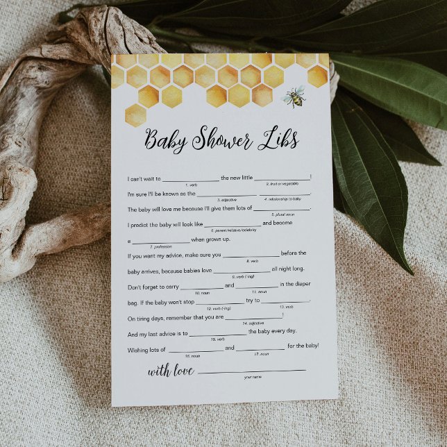 CALLA Honey Bee Baby shower Libs Game Kaart (Creator heeft geüpload)