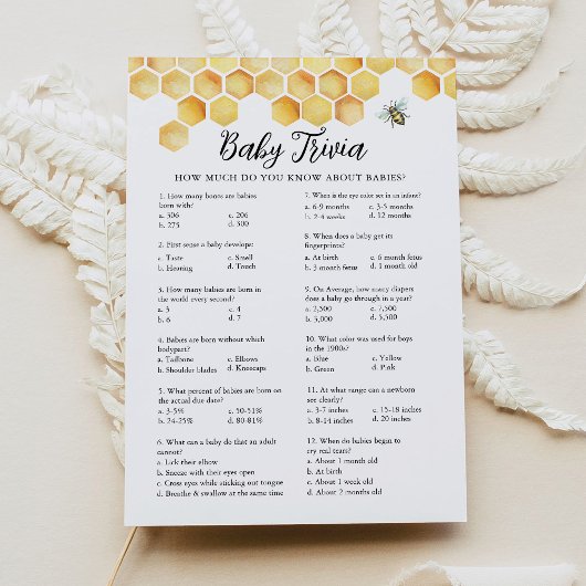 CALLA Honey Bee Baby Trivia Baby shower Game Kaart