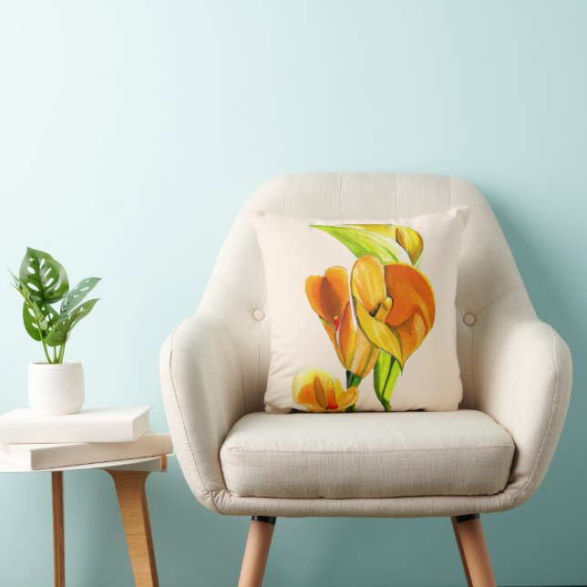 Calla lelie bloesem waterverf floraal kussen (Stoel)