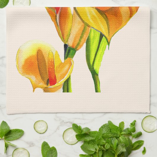 Calla lelie oranje floal waterverf theedoek (Gevouwen)