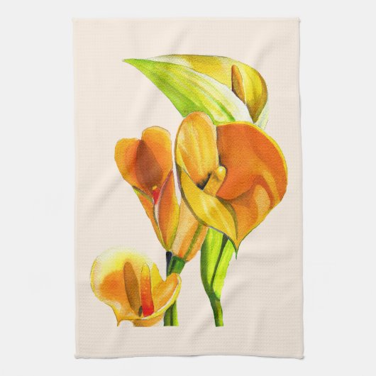 Calla lelie oranje floal waterverf theedoek (Verticaal)