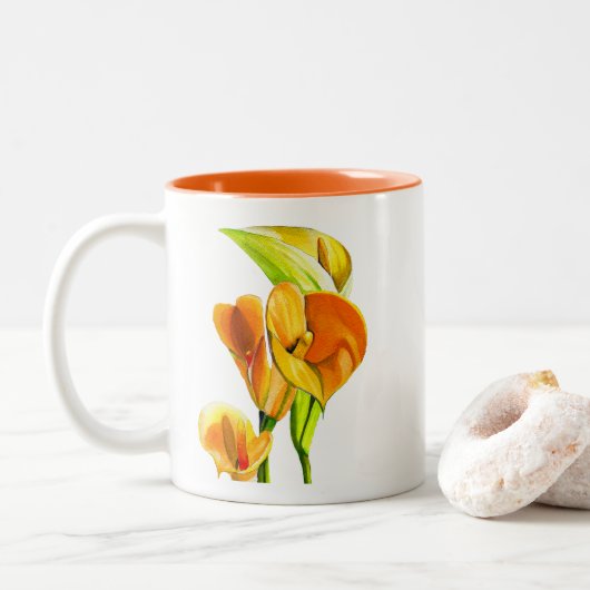 Calla lelie waterverf bloemkunst tweekleurige koffiemok (Met donut)