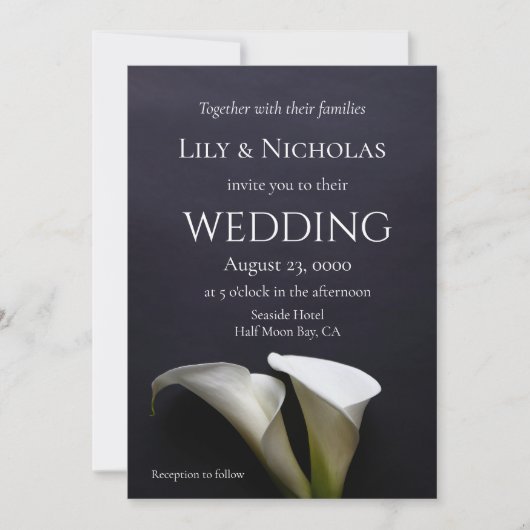 Calla leugens op een donkere achtergrond bruiloft kaart (Voorkant)