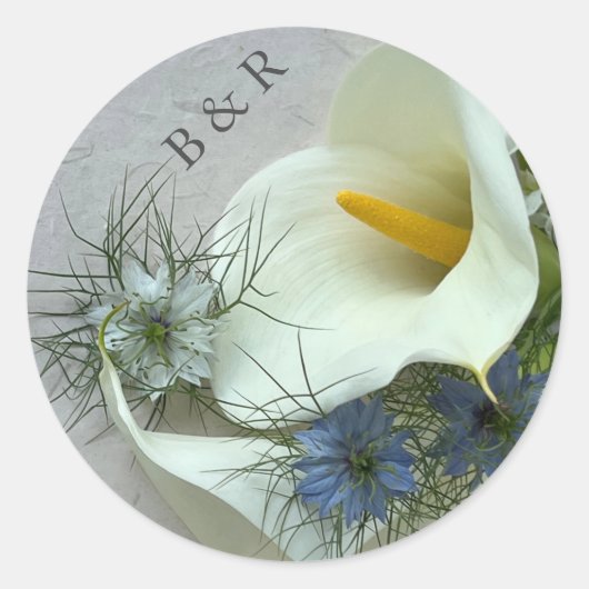 Calla-leuzen met blauwe nigellazen ronde sticker (Voorkant)