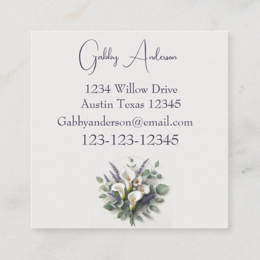Calla Lilies en Lavendel Vierkante Visitekaartje (Achterkant)