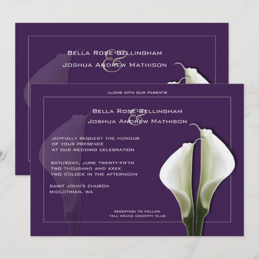 Calla Lilies Huwelijksuitnodiging op Paarse Kaart (Voorkant / Achterkant)