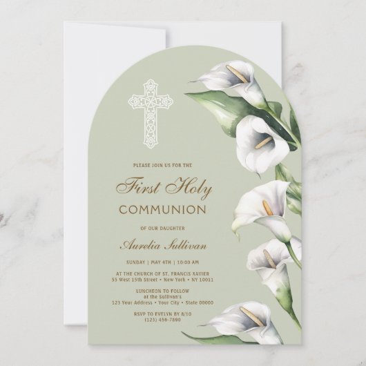 Calla Lilies on Sage Green Arch First Communion Kaart (Voorkant)