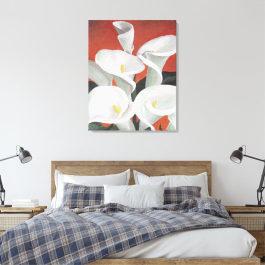Calla Lilies op een rode achtergrond Canvas Afdruk (Insitu (Slaapkamer))