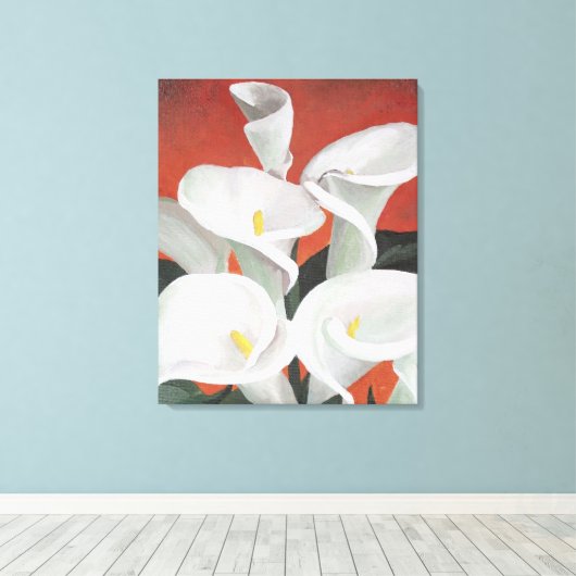 Calla Lilies op een rode achtergrond Canvas Afdruk (Insitu (Houten vloer))