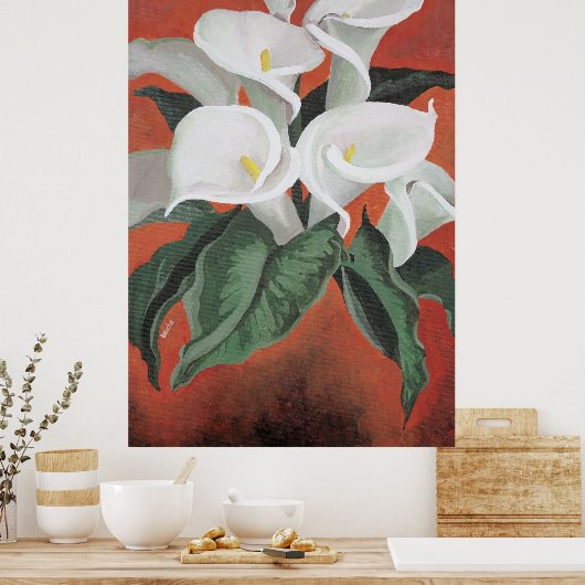 Calla Lilies op een rode achtergrond Poster (Keuken)