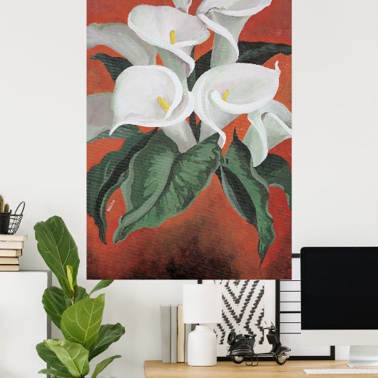 Calla Lilies op een rode achtergrond Poster (Thuiskantoor)