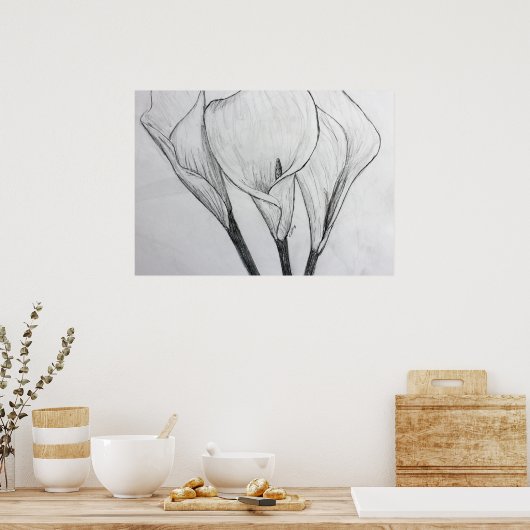 Calla Lilies Pencil Schets Tekening Kunst Afdrukke Poster (Keuken)