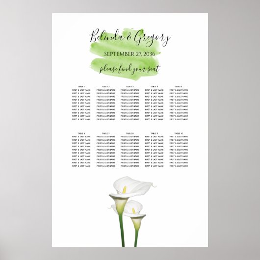 Calla Lilies Waterverf Wedding Seating Chart Poster (Voorkant)