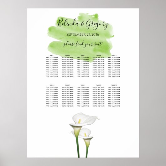 Calla Lilies Waterverf Wedding Seating Chart Poster (Voorkant)