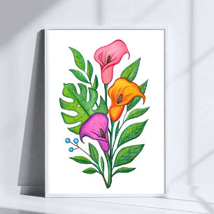 Calla Lillies Bloem Tekening met Kleurpotlood Poster