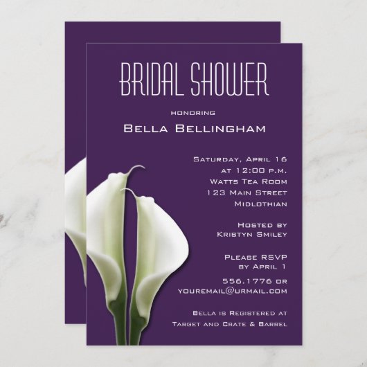 Calla Lillies Bridal Shower Uitnodiging op Paarse (Voorkant / Achterkant)