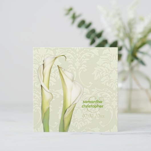Calla lillies/iory damask bruiloft Uitnodigingen (Staand voorkant)
