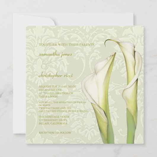 Calla lillies/iory damask bruiloft Uitnodigingen (Achterkant)
