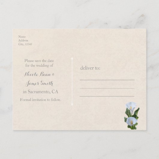 Calla Lily Bloemen Bloem Elegant SAVE THE DATE Aankondigingskaart (Achterkant)