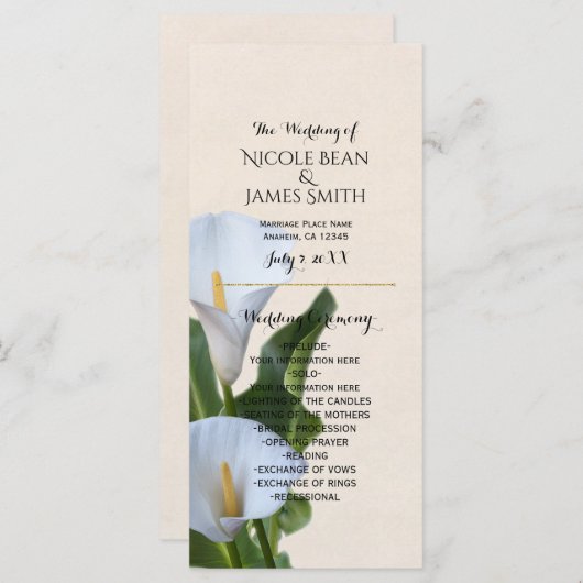 Calla Lily Bloemen Bloemen Bloemen Huwelijk Progra Programmakaart (Voorkant / Achterkant)