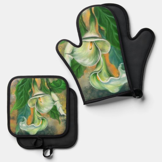 Calla Lily Bloemen Oven Mitt & Pot Houder Set (Voorkant / Achterkant)