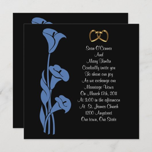 Calla Lily Blue op zwarte uitnodiging (Voorkant / Achterkant)