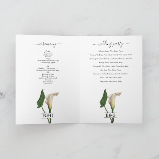 Calla Lily Botanische Bruiloft Orde van Service Programma (Binnen)
