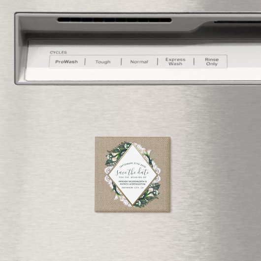 Calla Lily Burlap Bruiloft Save the Date Magneten (Insitu (Vaatwasser))