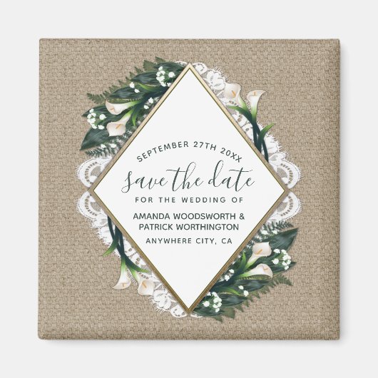 Calla Lily Burlap Bruiloft Save the Date Magneten (Voorkant)