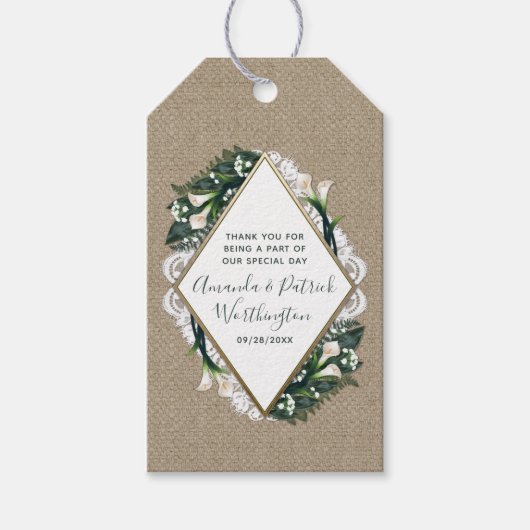 Calla Lily Burlap en Lace bruiloft dank u Labels Cadeaulabel (Voorkant)