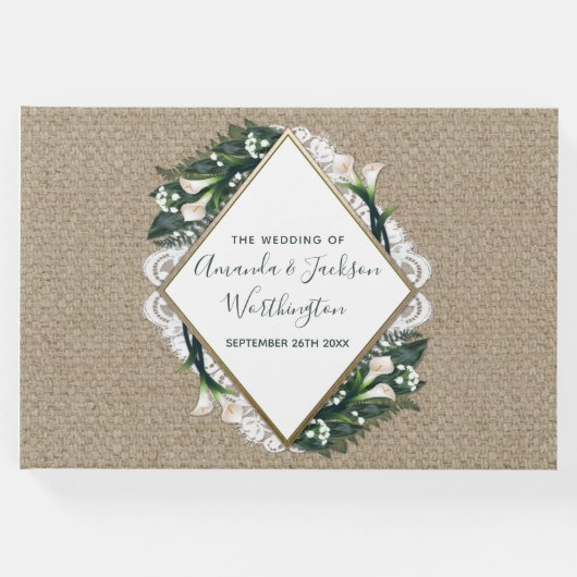 Calla Lily Burlap en Lace bruiloft gastenboek (Voorkant)