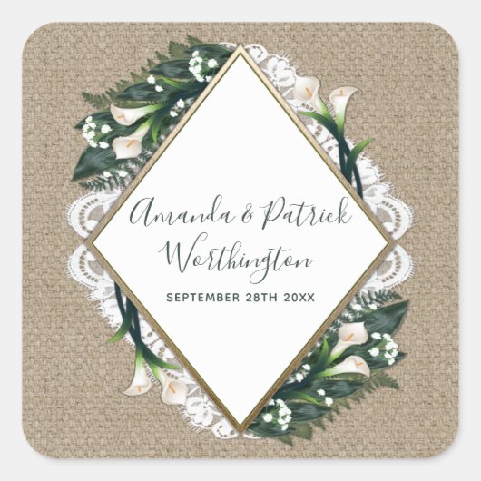 Calla Lily Burlap en Lace bruiloft gunst Stickers (Voorkant)