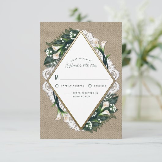 Calla Lily Burlap en Lace bruiloft RSVP Kaarten (Staand voorkant)
