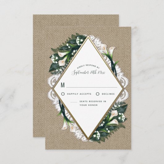 Calla Lily Burlap en Lace bruiloft RSVP Kaarten (Voorkant / Achterkant)