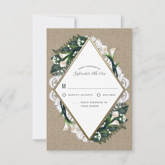 Calla Lily Burlap en Lace bruiloft RSVP Kaarten Kaartje (Voorkant)