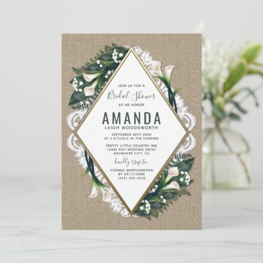 Calla Lily Burlap Lace bruids douche uitnodigingen (Staand voorkant)