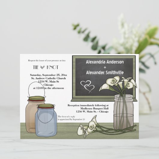 Calla Lily Chalkboard en Mason Jar Wedding Invite Kaart (Staand voorkant)