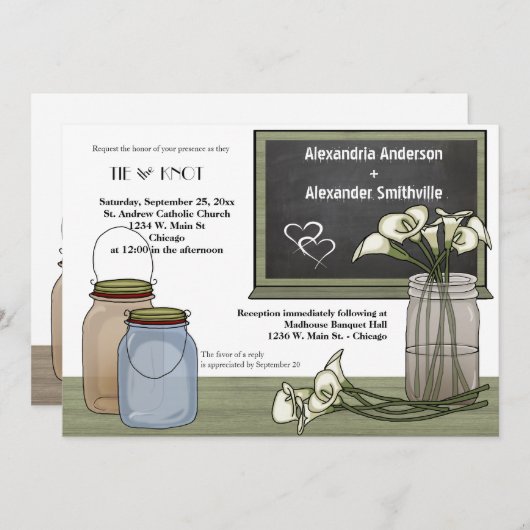 Calla Lily Chalkboard en Mason Jar Wedding Invite Kaart (Voorkant / Achterkant)