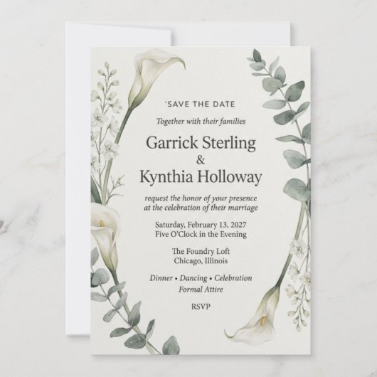 Calla Lily & Eucalyptus Botanische Elegante Save  Kaart (Voorkant)