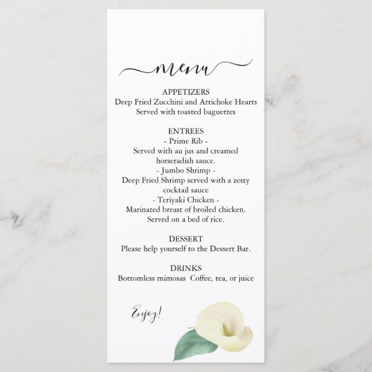 Calla Lily Greenery Wedding Menu (Voorkant)